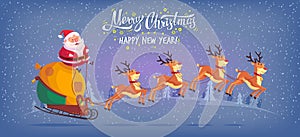 Cute cartoon Santa Claus riding reindeer sleigh Merry Christmas vector illustration Greeting card poster horizontal