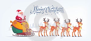 Cute cartoon Santa Claus riding reindeer sleigh Merry Christmas vector illustration Greeting card poster horizontal