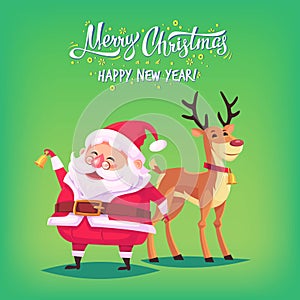 Cute cartoon Santa Claus ringing bell and funny reindeer Merry Christmas vector illustration Greeting card poster