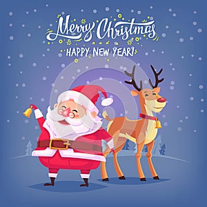 Cute cartoon Santa Claus ringing bell and funny reindeer Merry Christmas vector illustration Greeting card poster