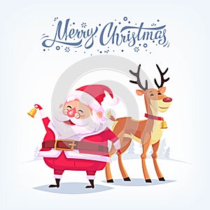 Cute cartoon Santa Claus ringing bell and funny reindeer Merry Christmas vector illustration Greeting card poster