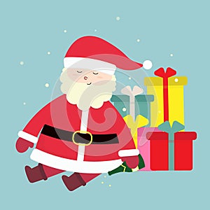 Cute cartoon Santa Claus sleeping on gifts