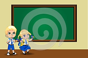 Cute cartoon school girl and boy in uniform with backpacks near clean chalkboard.