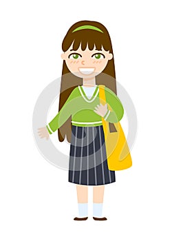 Cute cartoon school girl isolated on white background