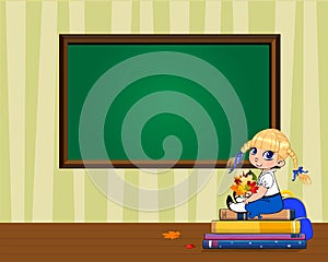 Cute cartoon school girl sitting on books pile with bouquet of autumn leaves in classroom template.