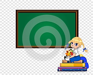 Cute cartoon school girl sitting on books pile with bouquet of autumn leaves near blackboard on transparent background.