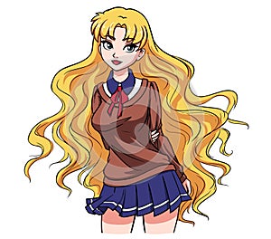 Cute cartoon school girl with wavy blonde hair and big blue eyes. Hand drawn vector illustration