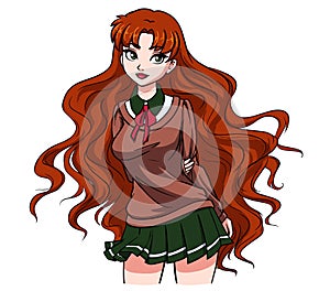 Cute cartoon school girl with wavy red hair and big green eyes. Hand drawn vector illustration