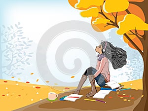 Cute cartoon of Schoolgirl with headphones listening to music while doing school homework under the tree. Vector of Young girl
