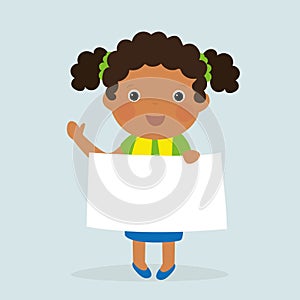 Cute cartoon schoolgirl holding blank banner template. African american kid girl with empty white paper sheet. Happy child