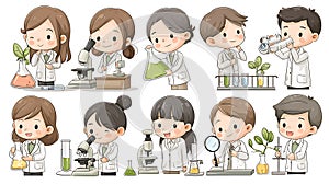 Cute Cartoon Scientists Conducting Experiments in a Laboratory Setting