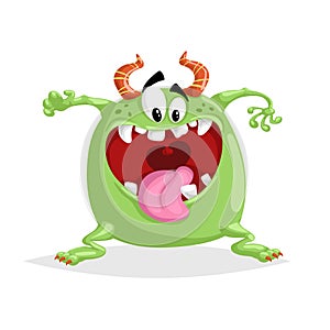 Cute cartoon screaming crazy green monster. Threaten panic horned character. Halloween party symbol.