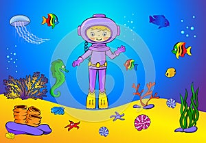 Cute cartoon scuba diver and fish under water. Seahorse, jellyfish, coral and starfish on the ocean floor.