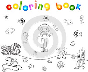 Cute cartoon scuba diver and fish under water. Seahorse, jellyfish, coral and starfish on the ocean floor. Coloring book