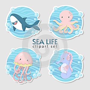 Cute cartoon sea animals set. Vector cliparts. Children Fashion