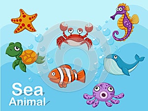 Cute cartoon sea animals underwater. Vector illustration set of collection sea creatures