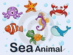 Cute cartoon sea animals underwater. Vector illustration set of collection sea creatures