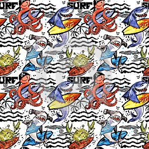 Cute cartoon sea fish seamless pattern. vintage surf background.