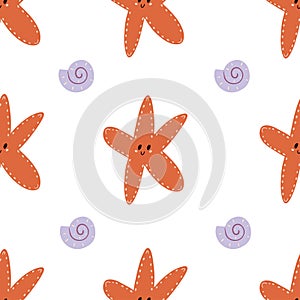 Cute cartoon sea star and shells seamless pattern