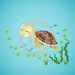 A cute cartoon sea turtle swimming in the deep blue ocean