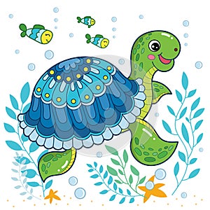 Cute cartoon sea turtle. Vector illustration