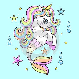 Cute cartoon seahorse unicorn. Vector illustration photo
