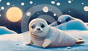 Cute Cartoon Seal Cub on a Snow Landscape, generative Ai