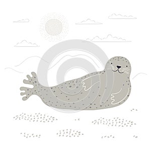 Cute cartoon seal, northern landscape, isolated