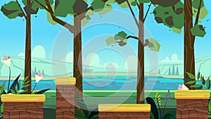 Cute cartoon seamless landscape with separated layers, summer day illustration