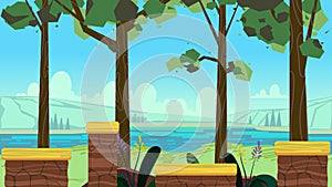 Cute cartoon seamless landscape with separated layers, summer day illustration, fits on mobile devices and may be scaled