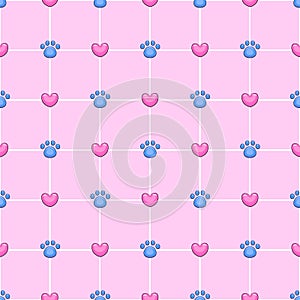 Cute cartoon seamless pattern with hearts and paws.