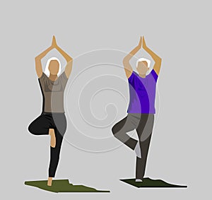 Cute cartoon senior couple doing yoga, illustration isolated on white background.