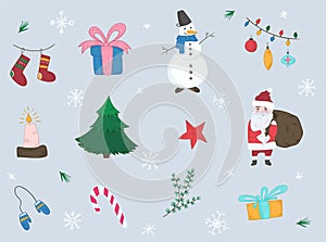 Cute cartoon set of bright Christmas elements