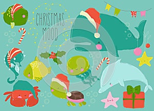 Cute Cartoon Set of Fish and Underwater World with Christmas Elements