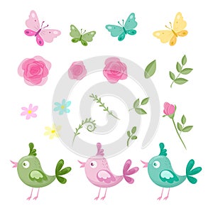 Cute cartoon set of flowers of roses, butterflies and birds for St. Valentine`s Day. Vector illustration