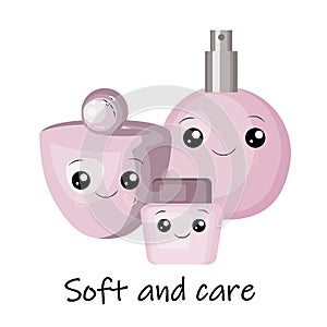 Cute cartoon set with kawaii cosmetics and girls beauty accessories - face cream, perfume, woman stuff concept,  flat