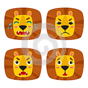 Cute cartoon set of lion face expression isolated on white