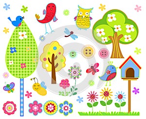 Cute cartoon set - tree, birds, flowers, butterflies etc.