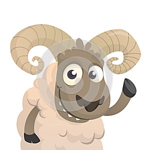 Cute cartoon sheep character. Vector illustration of fluffy lamb waving hand. Isolated on white.