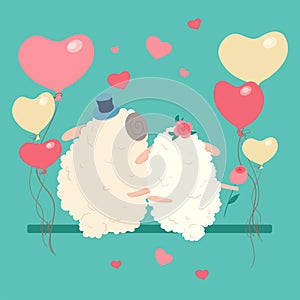 Cute cartoon sheep couple on a swing with balloons for Valentine`s Day. Vector illustration