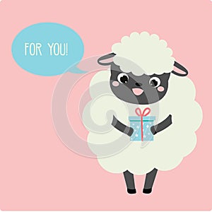 Cute cartoon sheep with gift box. Greeting card design with sweet lamb for birthday, romantic and other events