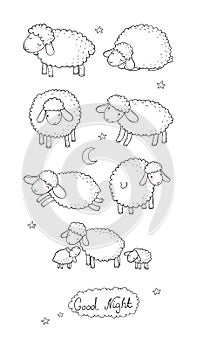 Cute cartoon sheep set. Farm animals. Funny lambs. good night sweet dreams