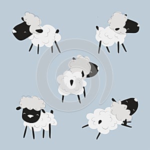 Cute cartoon sheep set. Standing, jumping and lying. Funny black lamb.