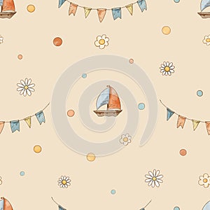 Cute cartoon ship seamless pattern, watercolor summer texture