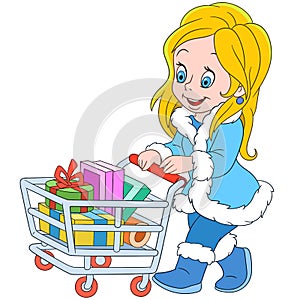 Cute cartoon shopaholic girl on the sale