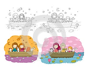 Cute cartoon sisters swim in a boat with hares, a cat and a fox. Little girls and funny animals