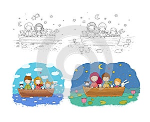 Cute cartoon sisters swim in a boat with hares, a cat and a fox. Little girls and funny animals