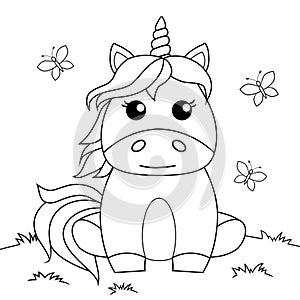 Cute cartoon sitting unicorn. Black and white vector illustration for coloring book