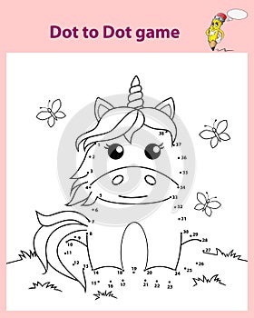 Cute cartoon sitting unicorn. Dot to dot game. Black and white vector illustration for coloring book