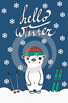 Cute cartoon skiing polar bear. Funny christmas postcard design. hello winter christmas slogan. Polar bear in scarf and
